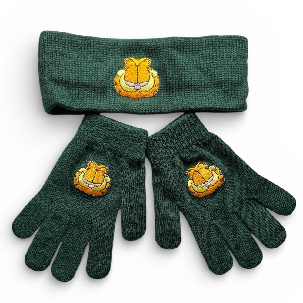 VTG POP CULTURE GARFIELD THE CAT KNIT GLOVES W/ MATCHING HEADBAND GREEN NWOT